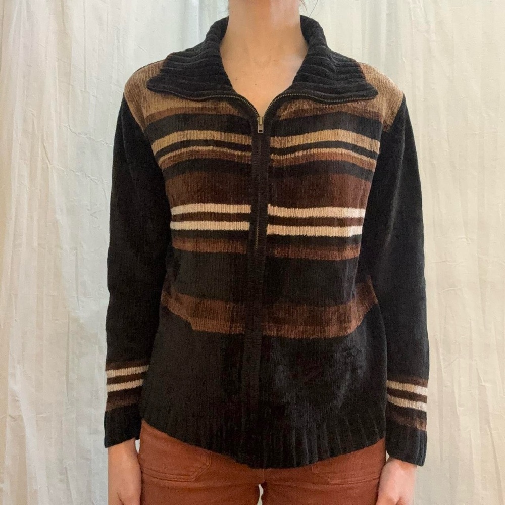 Black and Brown Striped‎ Full Zip Foldable Collar Sweater 90s Grunge